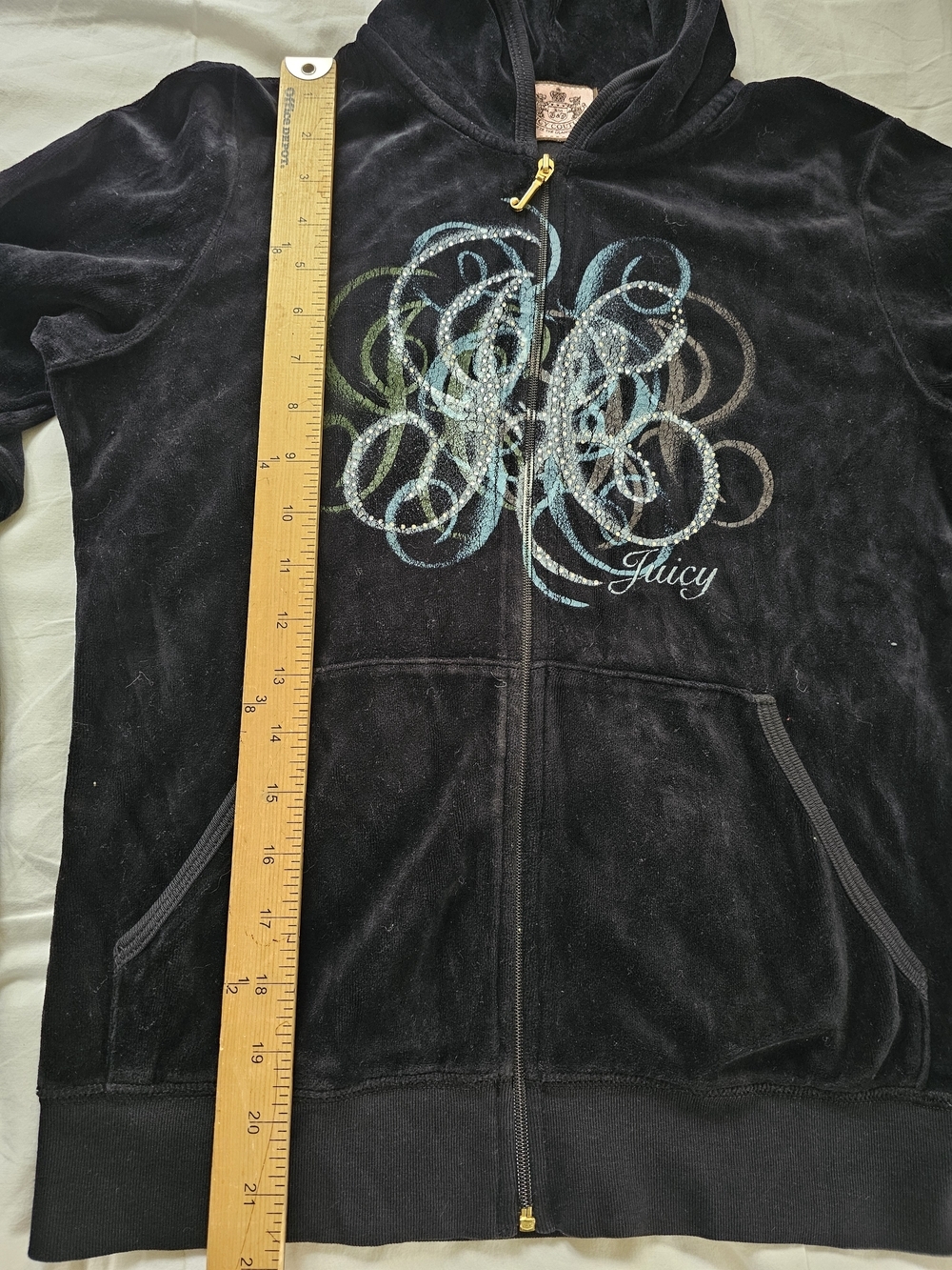 Juicy Couture Y2K Black Velour Zip-Up Hoodie with Multicolor Swirl Embellish - Picture 3 of 7